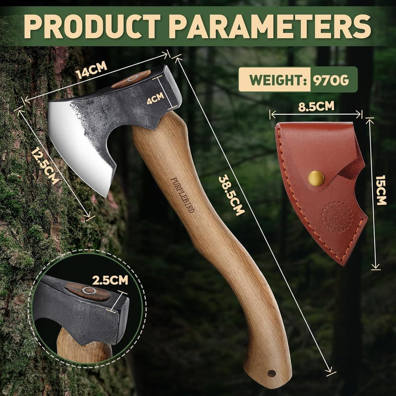 PURPLEBIRD Hatchet Axe with Sheath for Camping, 15 Inch Bushcraft Axe Carbon Steel Chopping Axes Wood Handle Splitting Axes, Hand-Forged Camping Hatchet for Carving Bushcraft Outdoor Forest Garden - Image 2